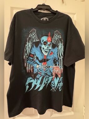 Black Graphic Short Sleeve Tee with Blue Skull Angel Print